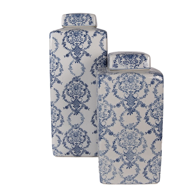 Clayre & Eef Vase mit Deckel 15x15x31 cm Weiß Blau Keramik Clayre & Eef Vase mit Deckel 15x15x31 cm Weiß Blau Keramik