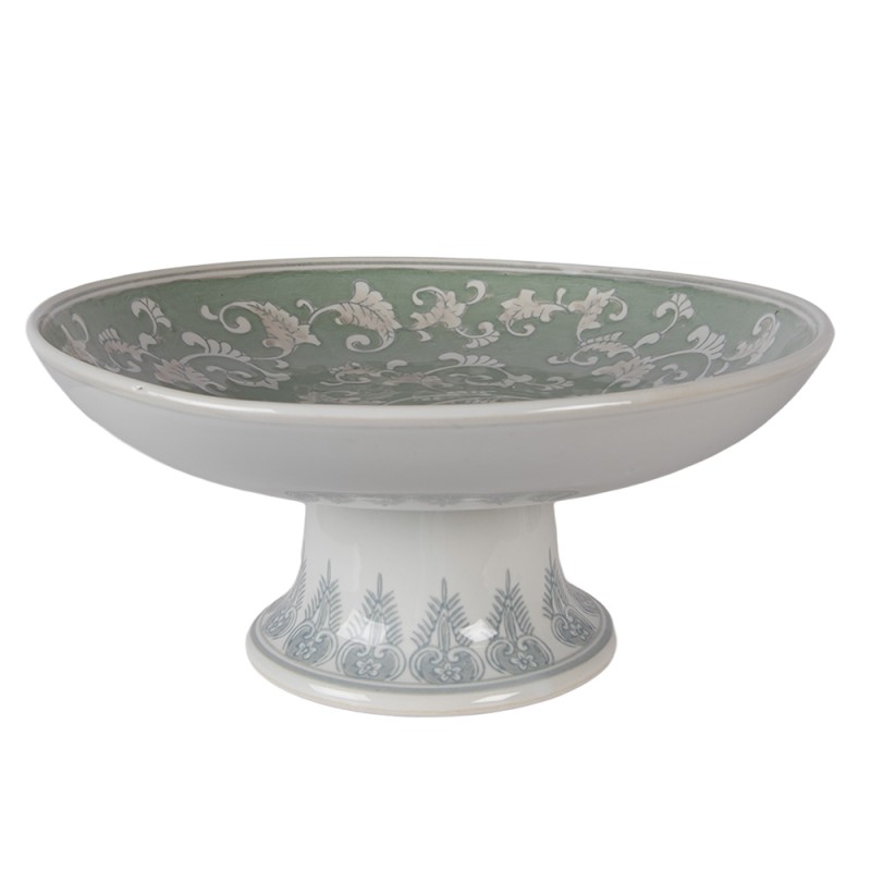 Clayre & Eef Taartplateau op Voet Ø 26x13 cm Wit Groen Porselein Clayre & Eef Taartplateau op Voet Ø 26x13 cm Wit Groen Porselein