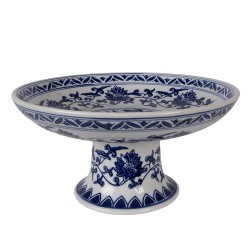 Clayre & Eef Taartplateau op Voet Ø 26x13 cm Wit Blauw Porselein