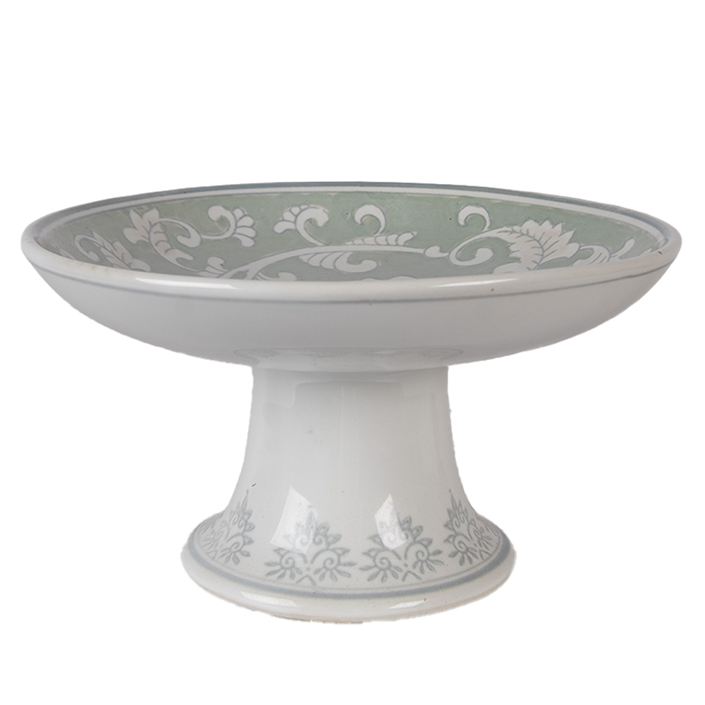 Clayre&Eef Taartplateau op VoetØ 21x11 cm Wit Groen Porselein afbeelding