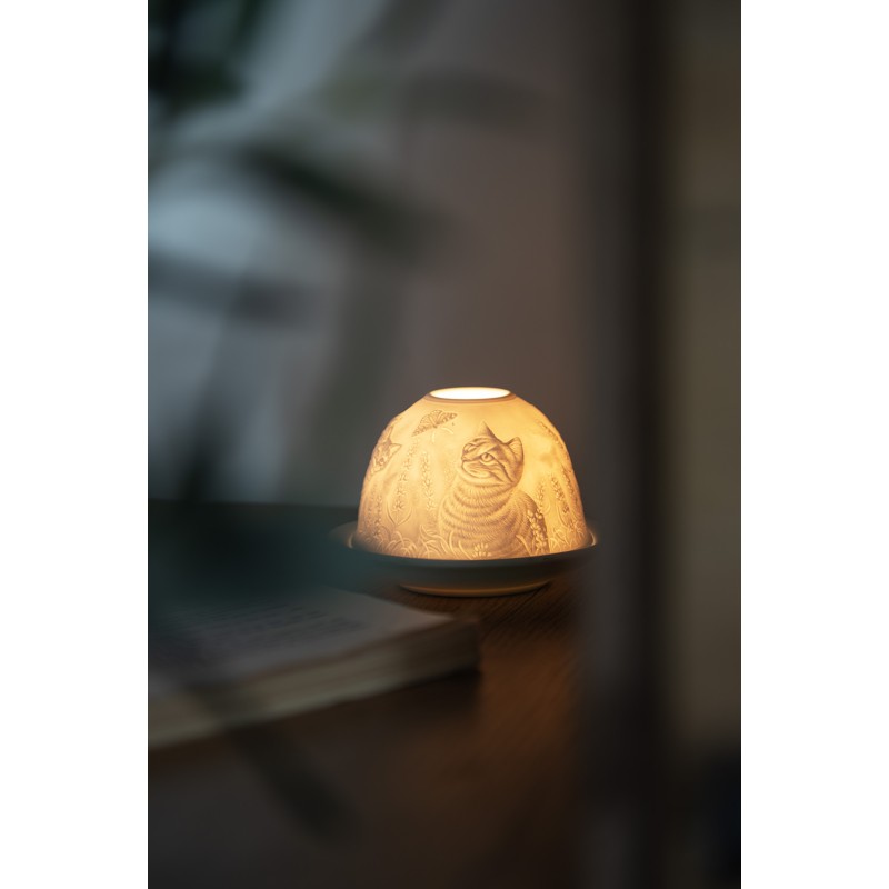 Clayre & Eef Portacandela Ø 12x8 cm Bianco Porcellana Gatto