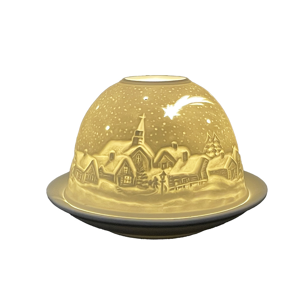 Clayre & Eef Waxinelichthouder Ø 12x8 cm Wit Porselein Winter afbeelding 1