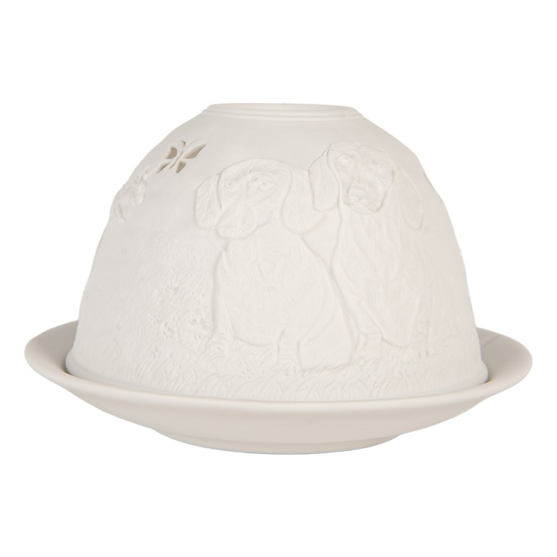Clayre & Eef Portacandela Ø 12x8 cm Bianco Porcellana Cani