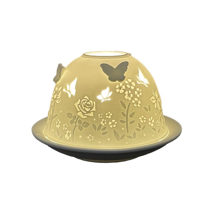 Clayre & Eef Porte-bougie Ø 12x8 cm Blanc Porcelaine Papillons