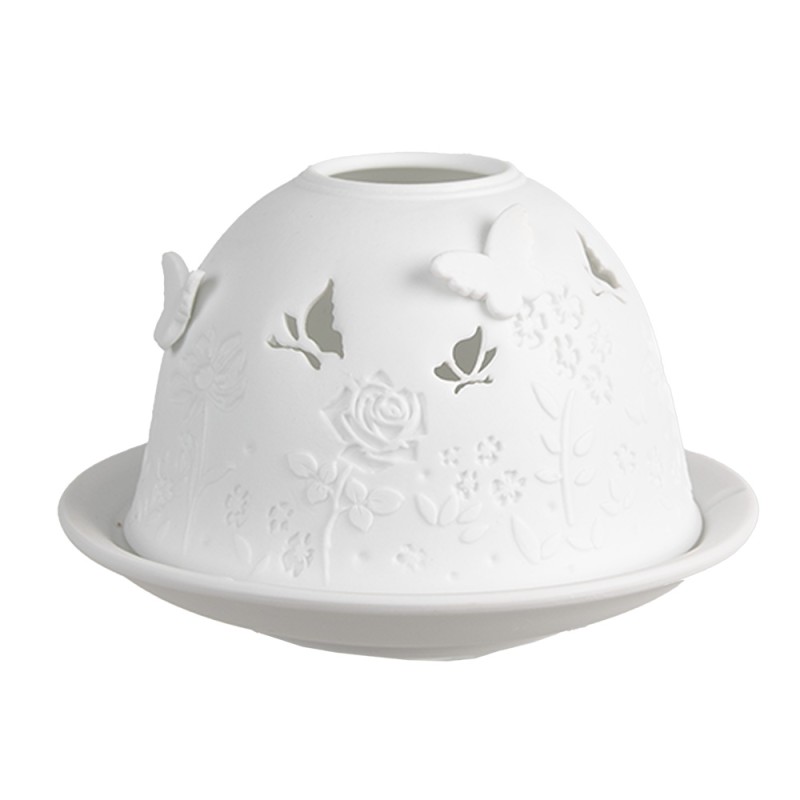 Clayre & Eef Porte-bougie Ø 12x8 cm Blanc Porcelaine Papillons