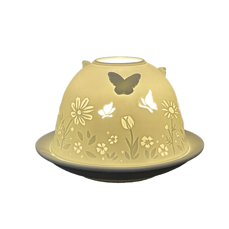 Clayre & Eef Porte-bougie Ø 12x8 cm Blanc Porcelaine Papillons