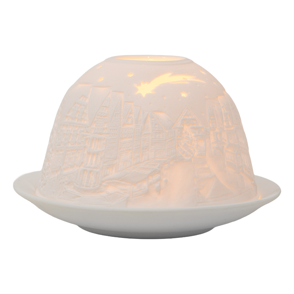 Clayre & Eef Waxinelichthouder Ø 12x8 cm Wit Porselein Huizen afbeelding