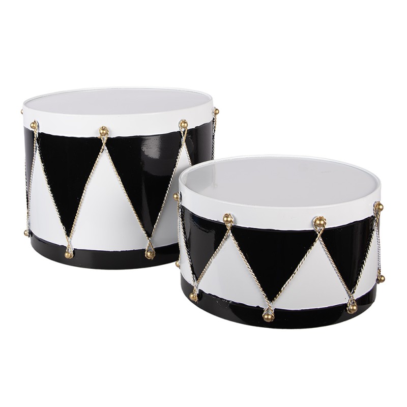 Clayre & Eef Statuetta decorativa di Natale Tamburo Ø 35x26 / Ø 30x17 cm Bianco Nero Metallo