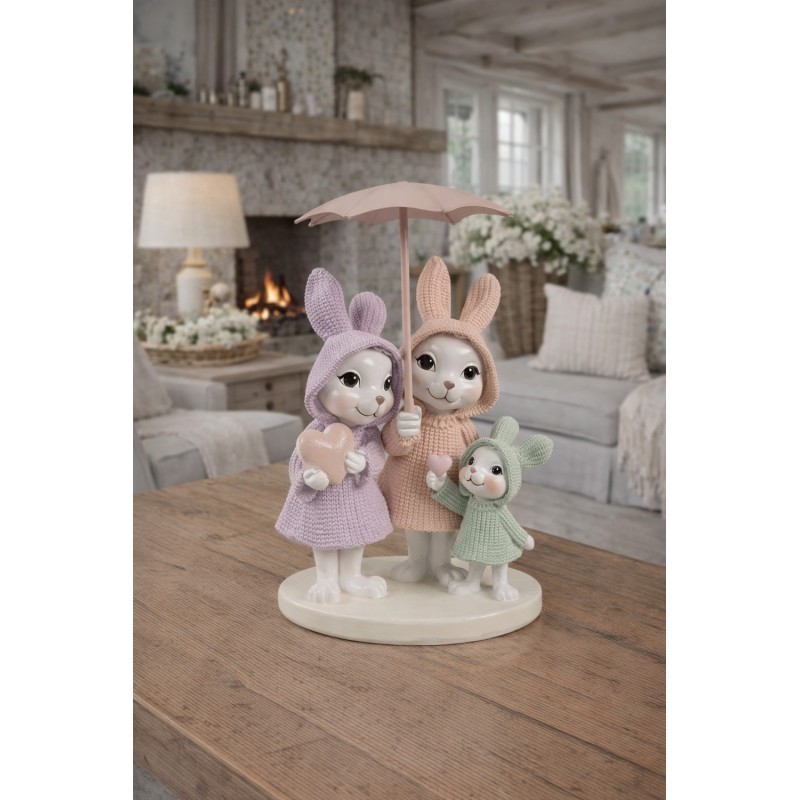 Clayre & Eef Decoratie Beeld Konijnen 11x10x17 cm Wit Roze Leder