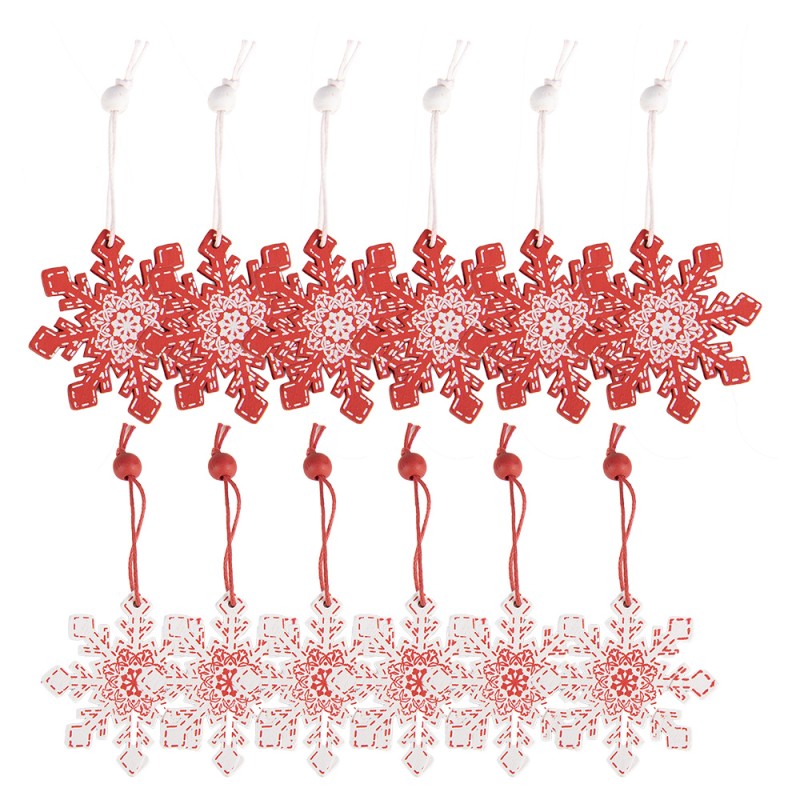 Clayre & Eef Weihnachts-Anhänger 12er-Set Schneeflocke 13x13 cm Rot Holz