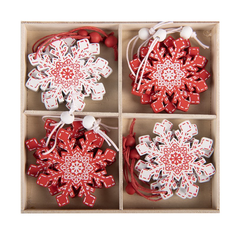 Clayre & Eef Weihnachts-Anhänger 12er-Set Schneeflocke 13x13 cm Rot Holz