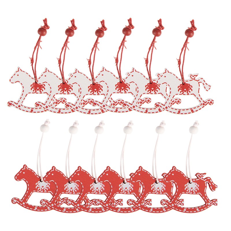 Clayre & Eef Kersthanger Set van 12 Hobbelpaard 13x13 cm Rood Hout