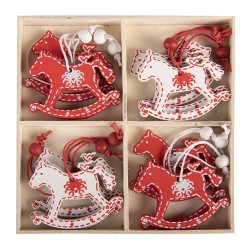 Clayre & Eef Kersthanger Set van 12 Hobbelpaard 13x13 cm Rood Hout