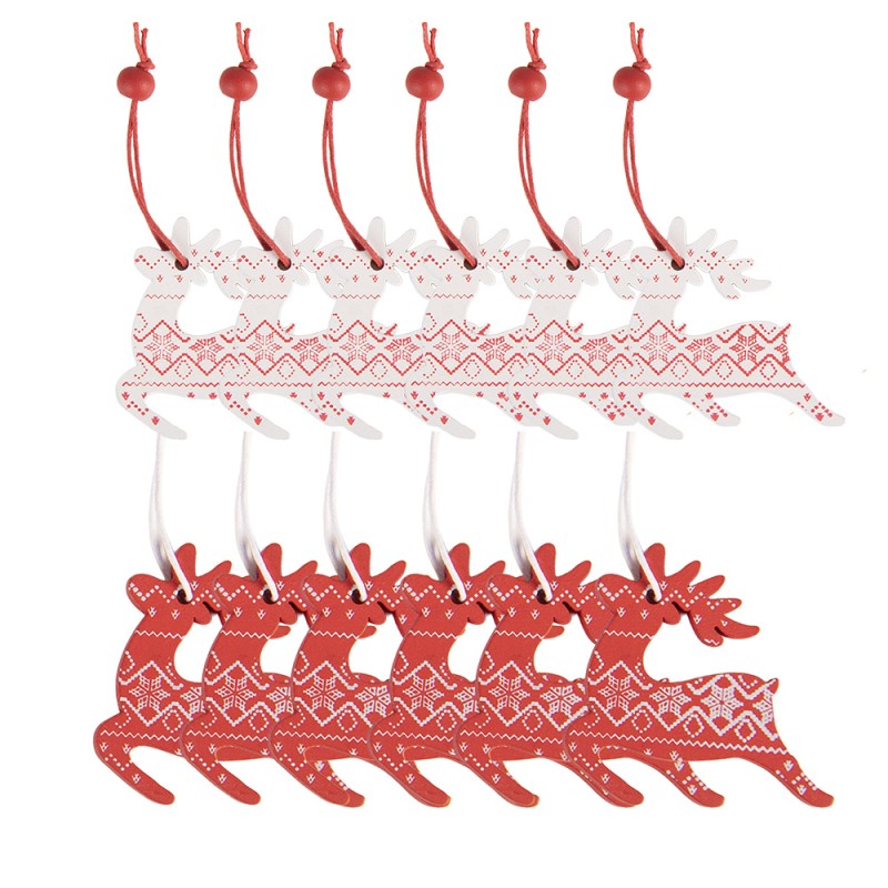 Clayre & Eef Kersthanger Set van 12 Rendier 13x13 cm Rood Hout