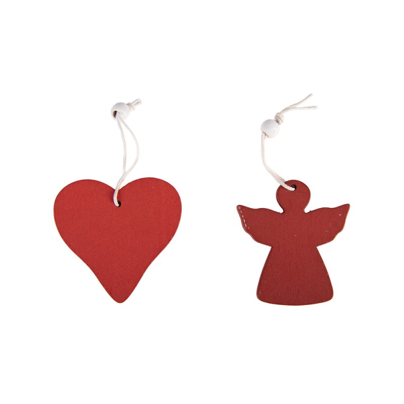 Clayre & Eef Kersthanger Set van 12 Hart 13x13 cm Rood Hout