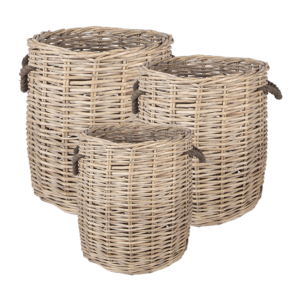 Clayre&Eef Opbergmand Set van 3Ø 60x54 / Ø 50x50 / Ø 40x44 cm Beige Rotan