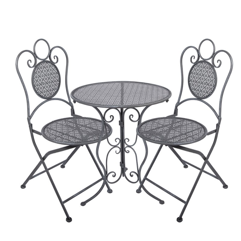 Clayre & Eef Bistro Set Bistro Table Bistro Chair Set of 3 Ø 60x71 / 50x40x93 cm Grey Metal