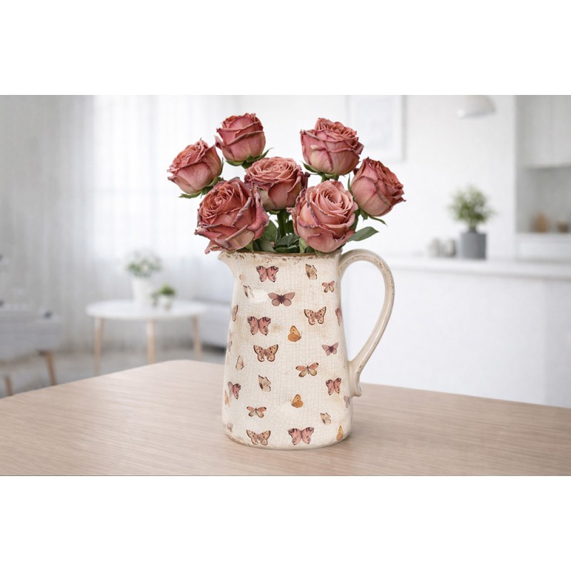 Clayre & Eef Brocca decorativa 21x15x23 cm Beige Rosa Ceramica Farfalle