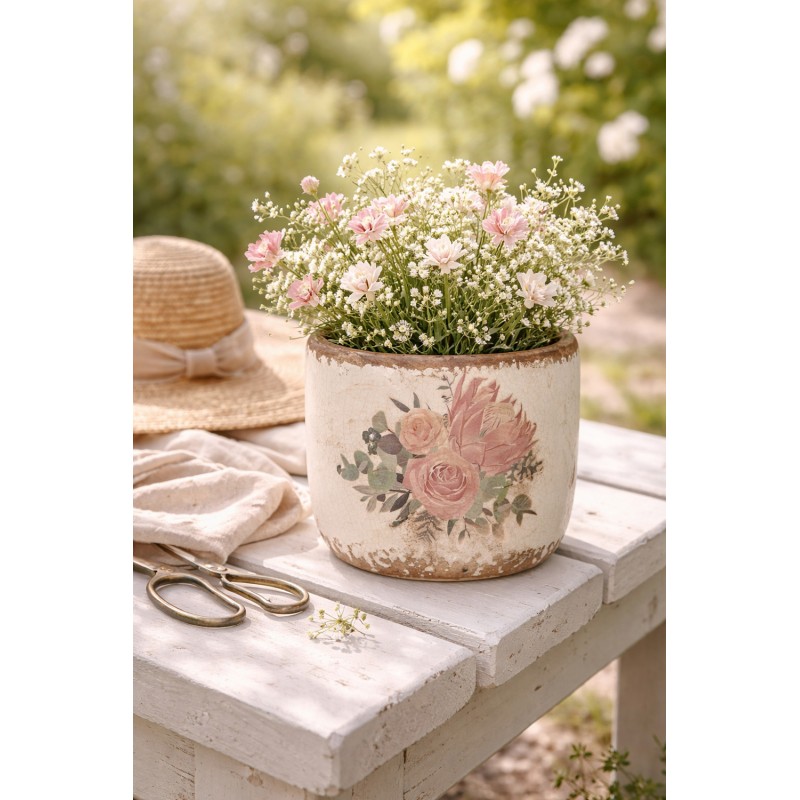Clayre & Eef Blumentopf Ø 8x7 cm Beige Keramik Blumen