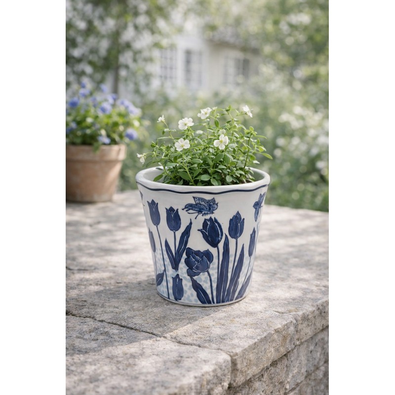Clayre & Eef Fioriera Ø 21x16 cm Bianco Blu Ceramica