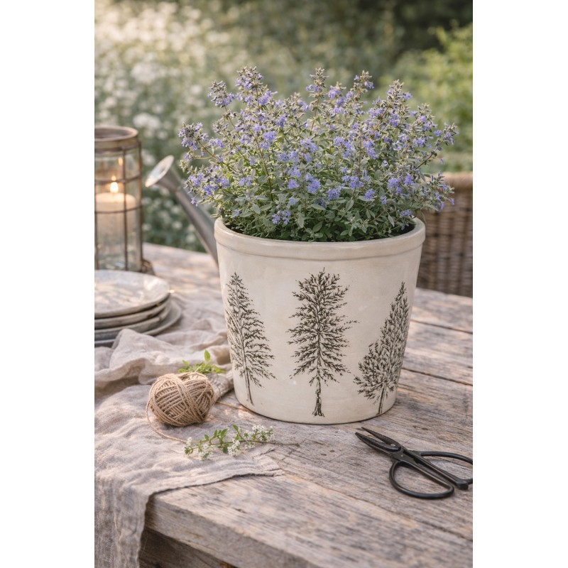 Clayre & Eef Planter Ø 17x16 cm Beige Green Ceramic Pine Trees