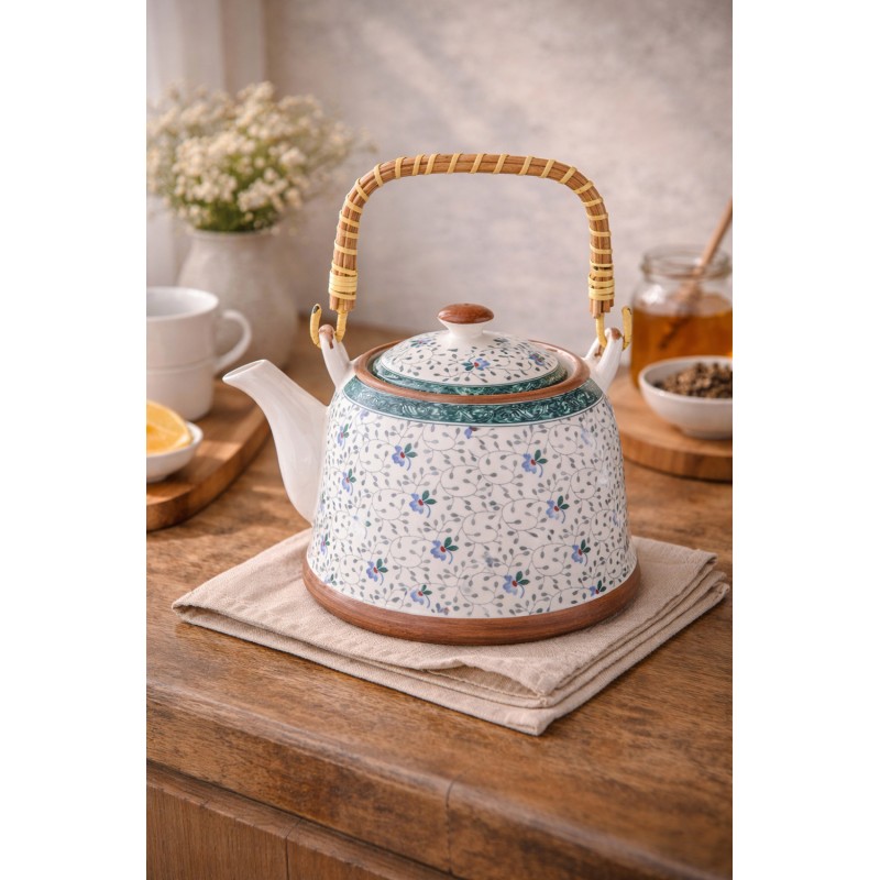 Clayre & Eef Theepot met Filter 700 ml Blauw Keramiek Bloemen