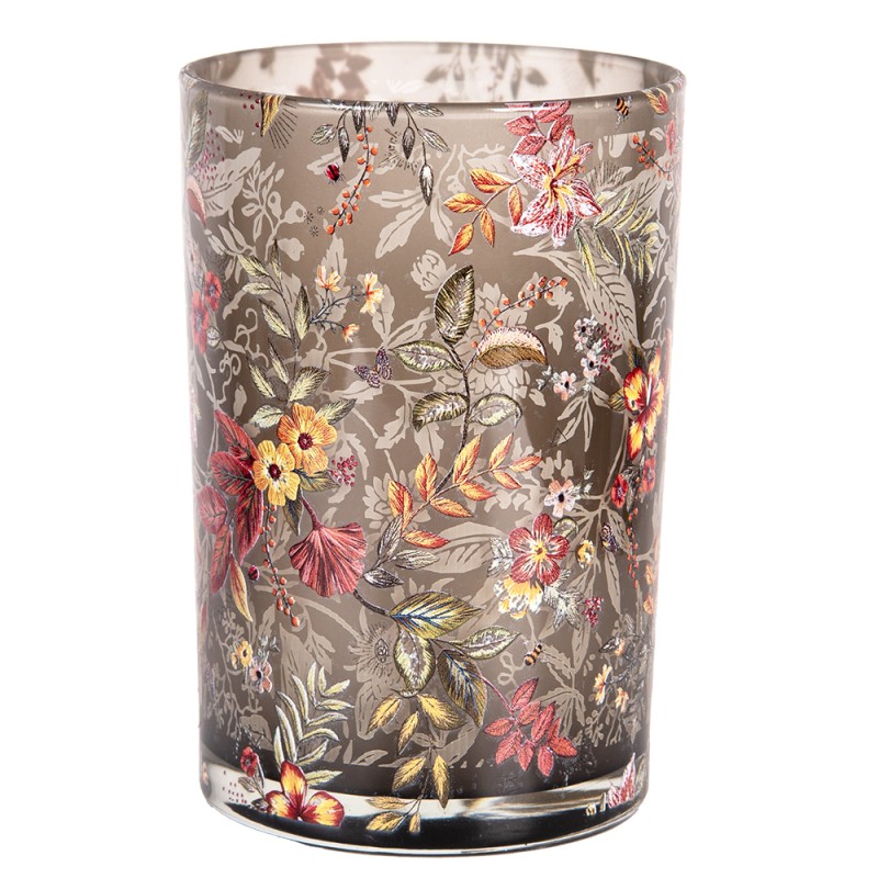 Clayre & Eef Porte-bougie Ø 12x18 cm Gris Verre Fleurs