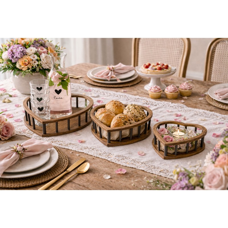 Clayre & Eef Cesto per riporre set di 3 Cuore 33x33x10 Marrone Legno