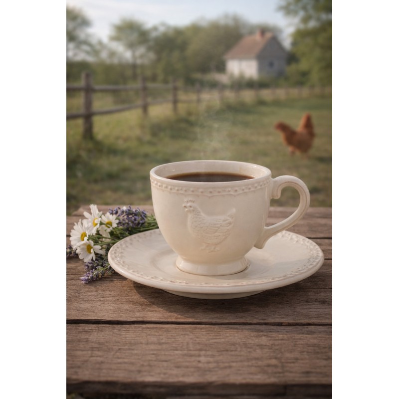 Clayre & Eef Kop en Schotel 200 ml Beige Keramiek Kip