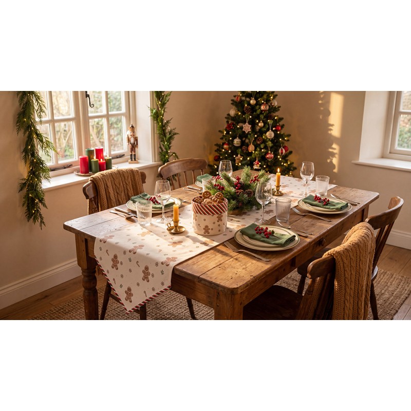 Clayre & Eef Tafelloper 50x160 cm Beige Katoen Gingerbread man