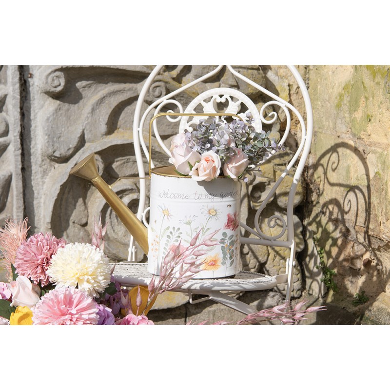 Clayre & Eef Arrosoir de décoration 34x12x32 cm Blanc Métal Fleurs