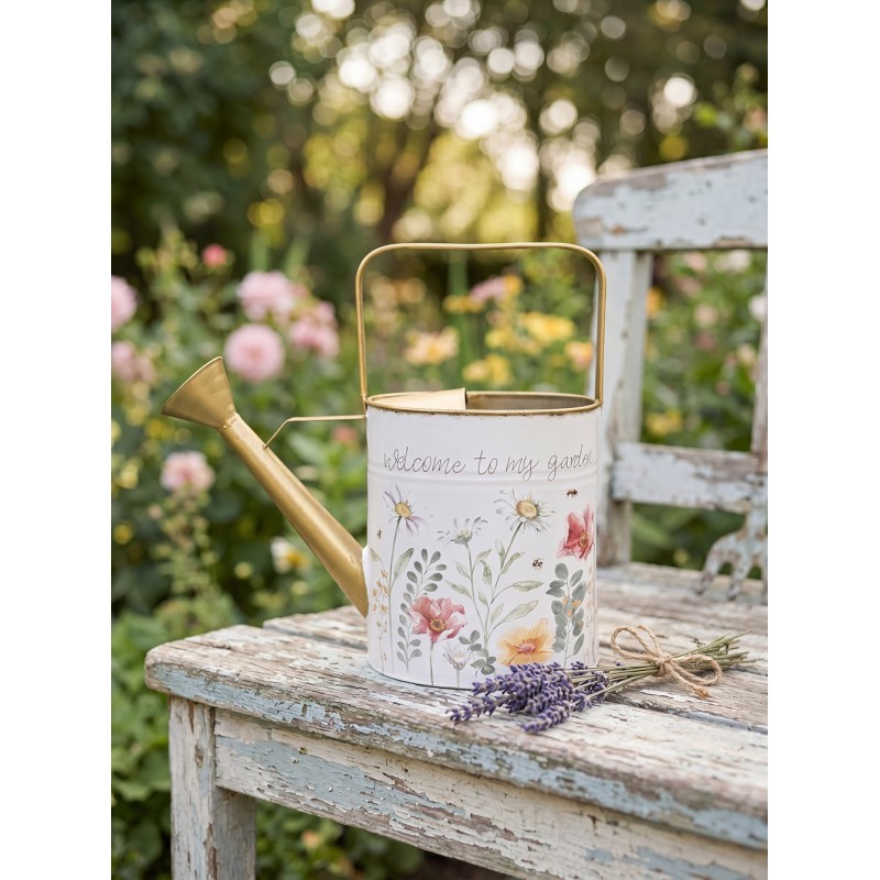 Clayre & Eef Arrosoir de décoration 34x12x32 cm Blanc Métal Fleurs