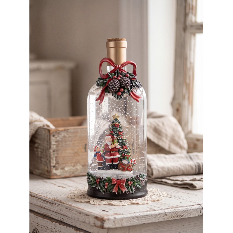 Clayre & Eef Christmas Decoration with LED Lighting and Music Bottle Ø 12x30 cm / 3xAA Green Plastic
