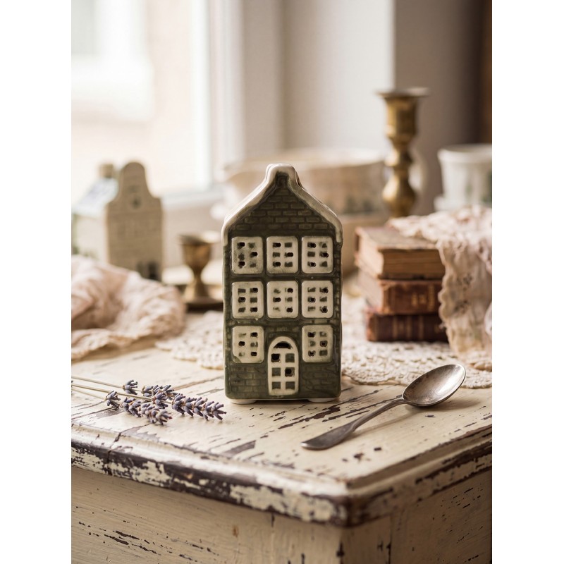 Clayre & Eef Decorative House with LED House 4x4x8 cm Green Ceramic