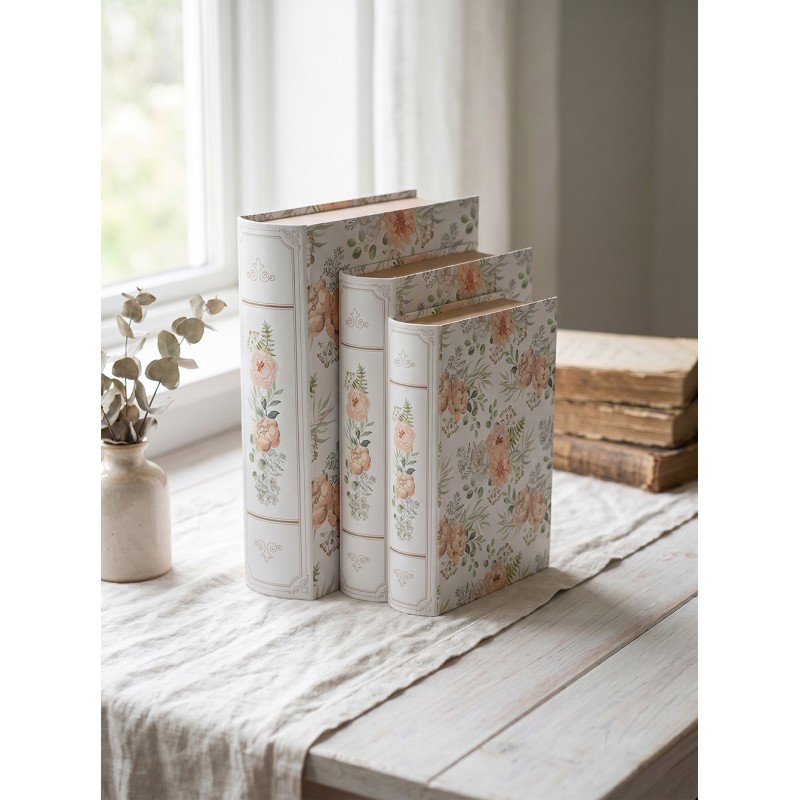 Clayre & Eef Aufbewahrungsbox 3er Set Bücher 29x24x7/25x20x6/22x16x5 cm Weiß Grün Karton Blumen