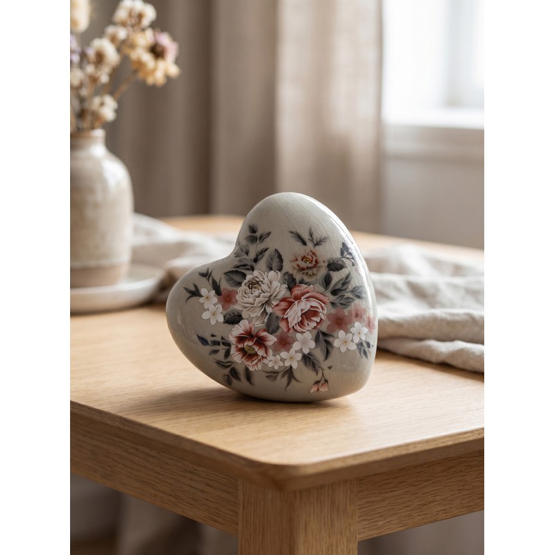 Clayre & Eef Decoratie Beeld Hart 11x11x4 cm Grijs Keramiek Bloemen