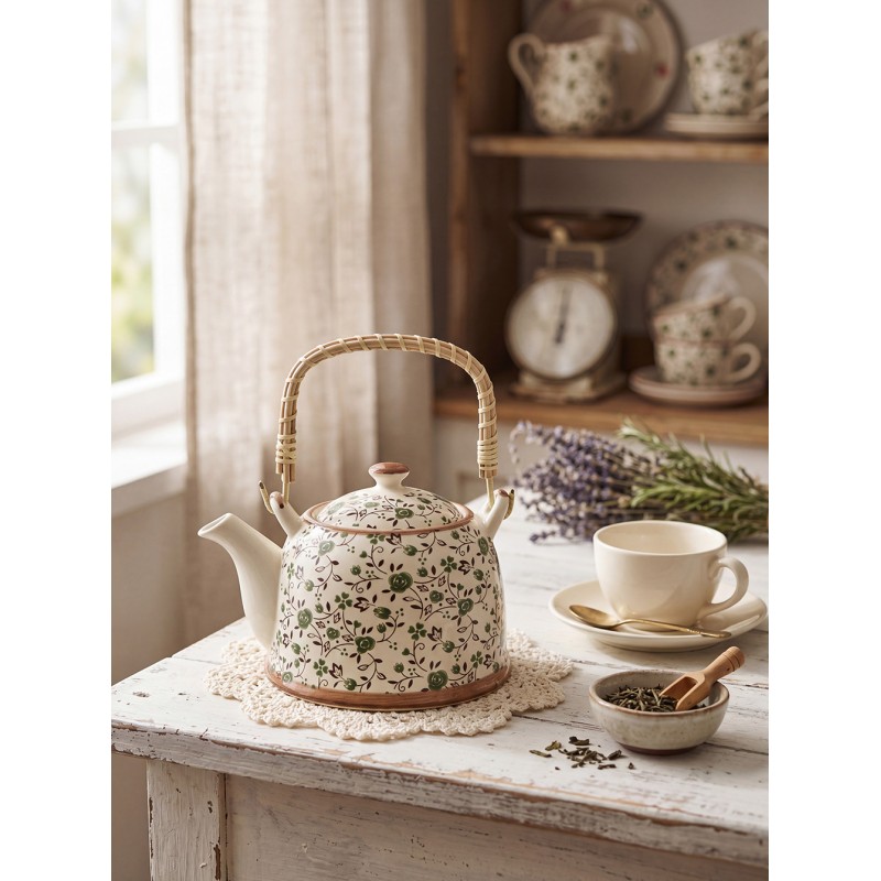 Clayre & Eef Teekanne mit Filter 700 ml Grün Keramik Blumen