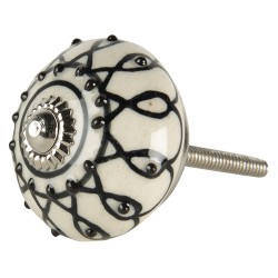 Clayre & Eef Door Knob 4x6 cm White Black Ceramic
