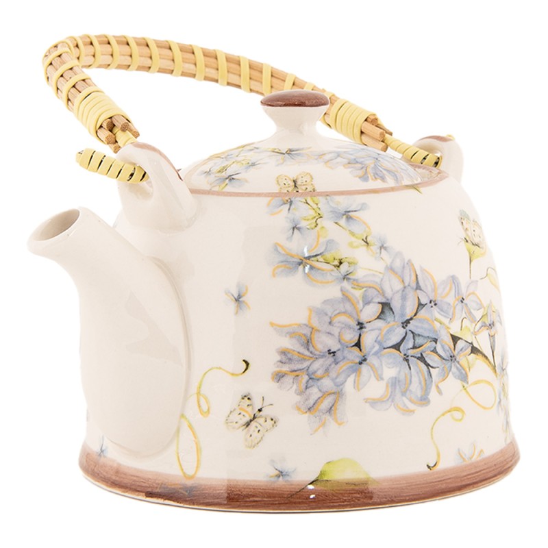 Clayre & Eef Theepot met Filter 800 ml Wit Blauw Keramiek Bloemen