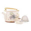 Clayre & Eef Theepot met Filter 800 ml Wit Blauw Keramiek Bloemen