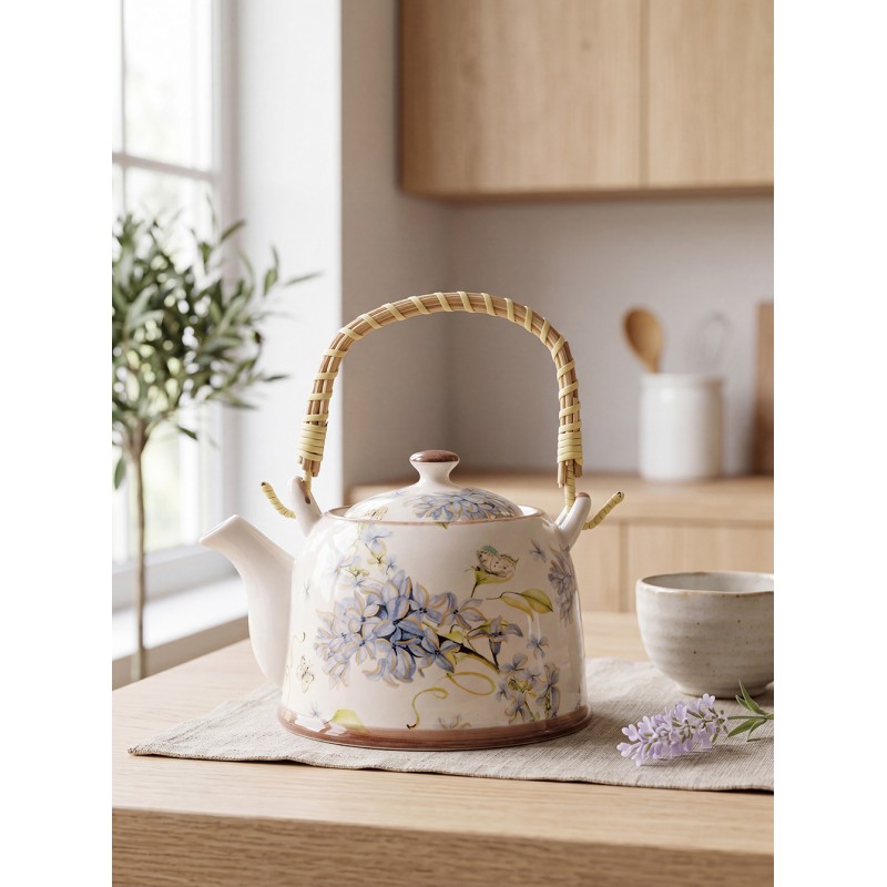 Clayre & Eef Theepot met Filter 800 ml Wit Blauw Keramiek Bloemen