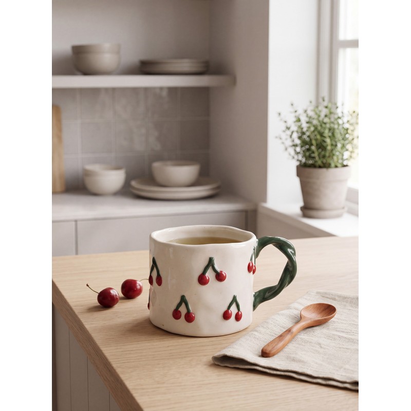 Clayre & Eef Mug 200 ml Beige Céramique Cerises
