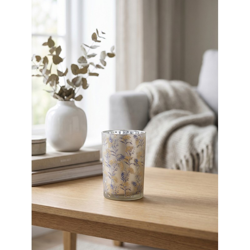Clayre & Eef Portacandela Ø 12x18 cm Grigio Vetro Fiori
