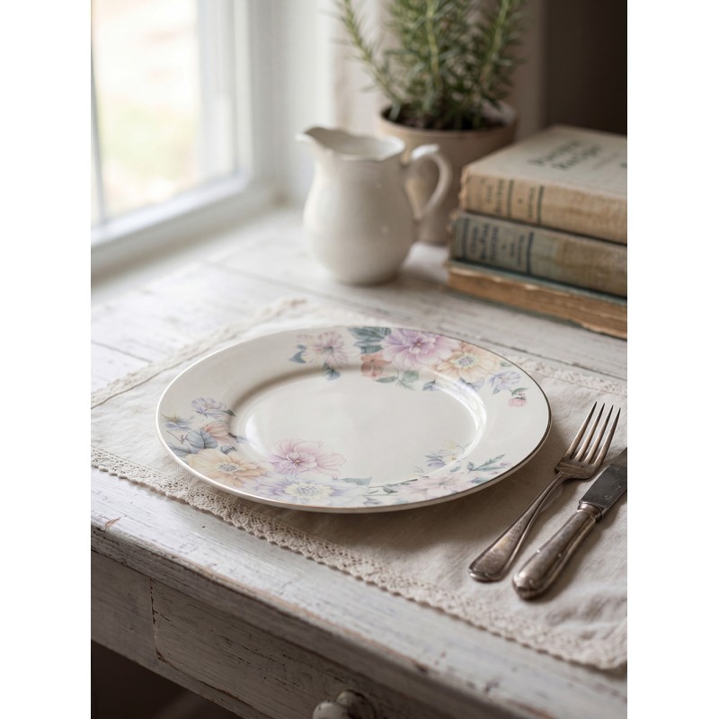 Clayre & Eef Piatto da cena Ø 26 cm Beige Rosa Porcellana Fiori