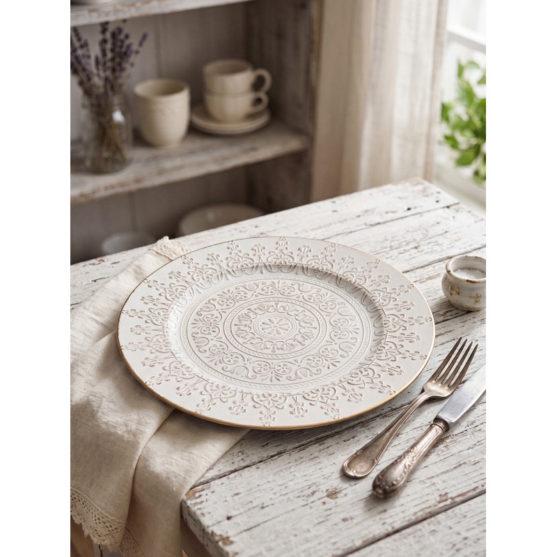Clayre & Eef Unterteller Ø 33 cm Weiß Goldfarbig Kunststoff