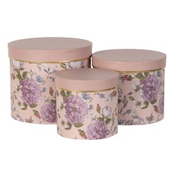 Clayre & Eef Scatola del cappello set di 3 Ø 20x17 / Ø 17x15 / Ø 14x13 cm Rosa Cartone Fiori