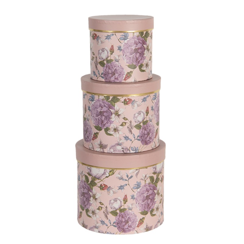 Clayre & Eef Hoedendoos Set van 3 Ø 20x17 / Ø 17x15 / Ø 14x13 cm Roze Karton Bloemen