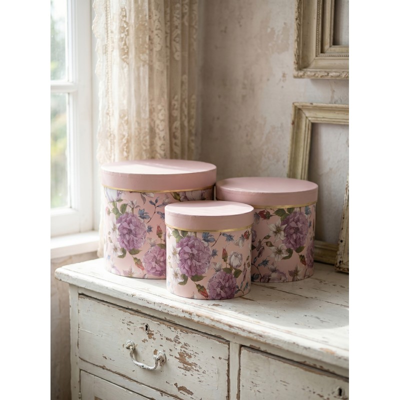 Clayre & Eef Hutschachtel 3er Set Ø 20x17 / Ø 17x15 / Ø 14x13 cm Rosa Karton Blumen
