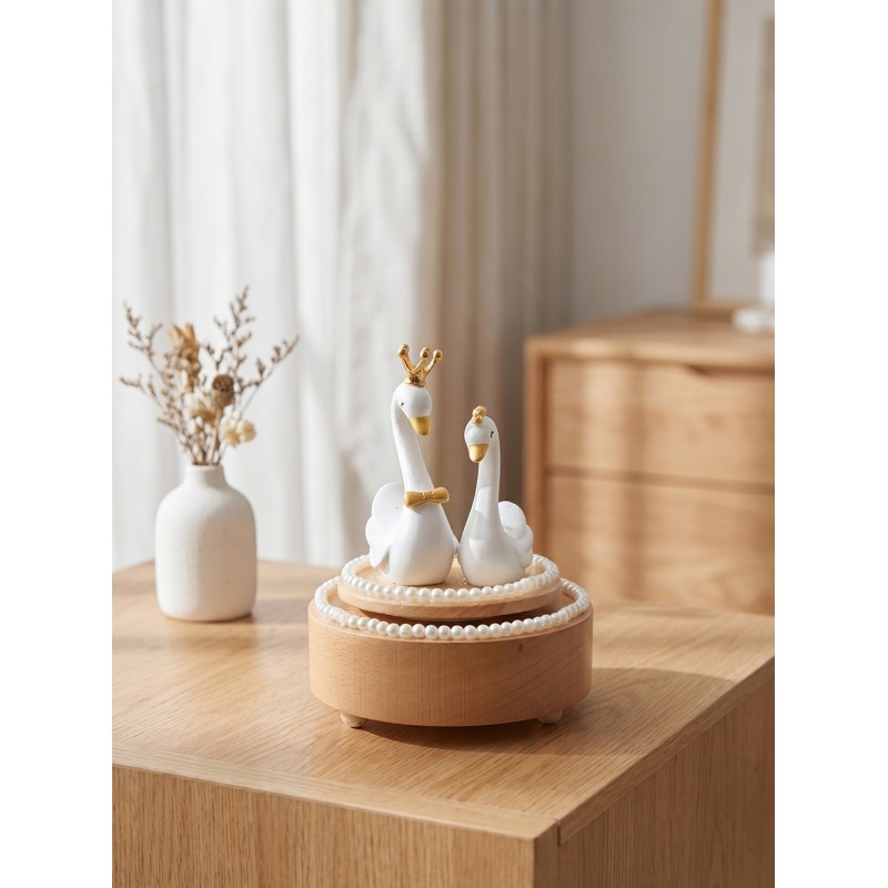 Clayre & Eef Boîte à musique Cygne Ø 11x15 cm Beige Bois