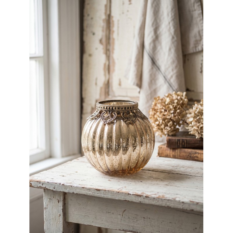 Clayre & Eef Theelichthouder Ø 10x10 cm Goudkleurig Glas